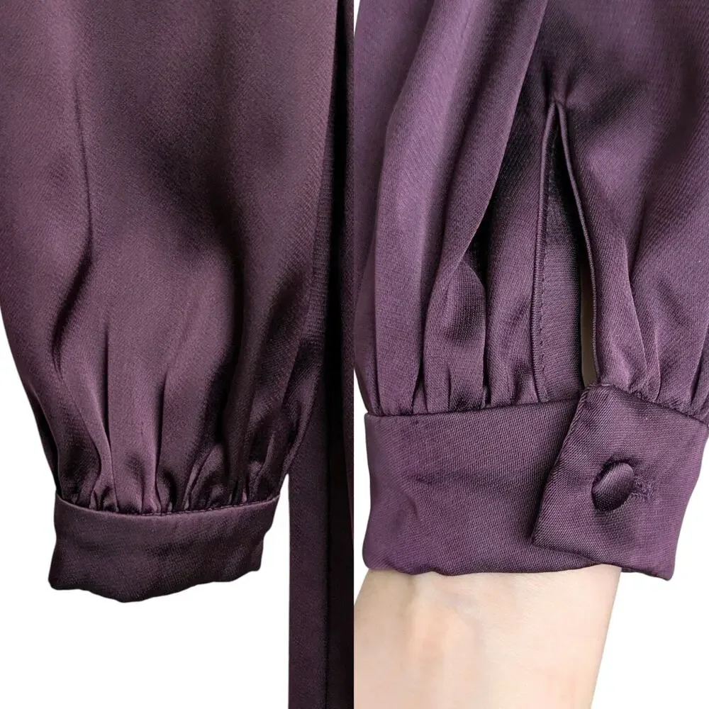 Plum Satin Puff Sleeve Straight Leg Jumpsuit Deep V Formal Evening Sz 2 EUC - Picture 6 of 11
